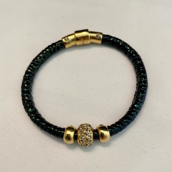 HENRI BENDEL Black Sparkly Leather Bracelet Gold Crystal Bead R $148 - Picture 2 of 6